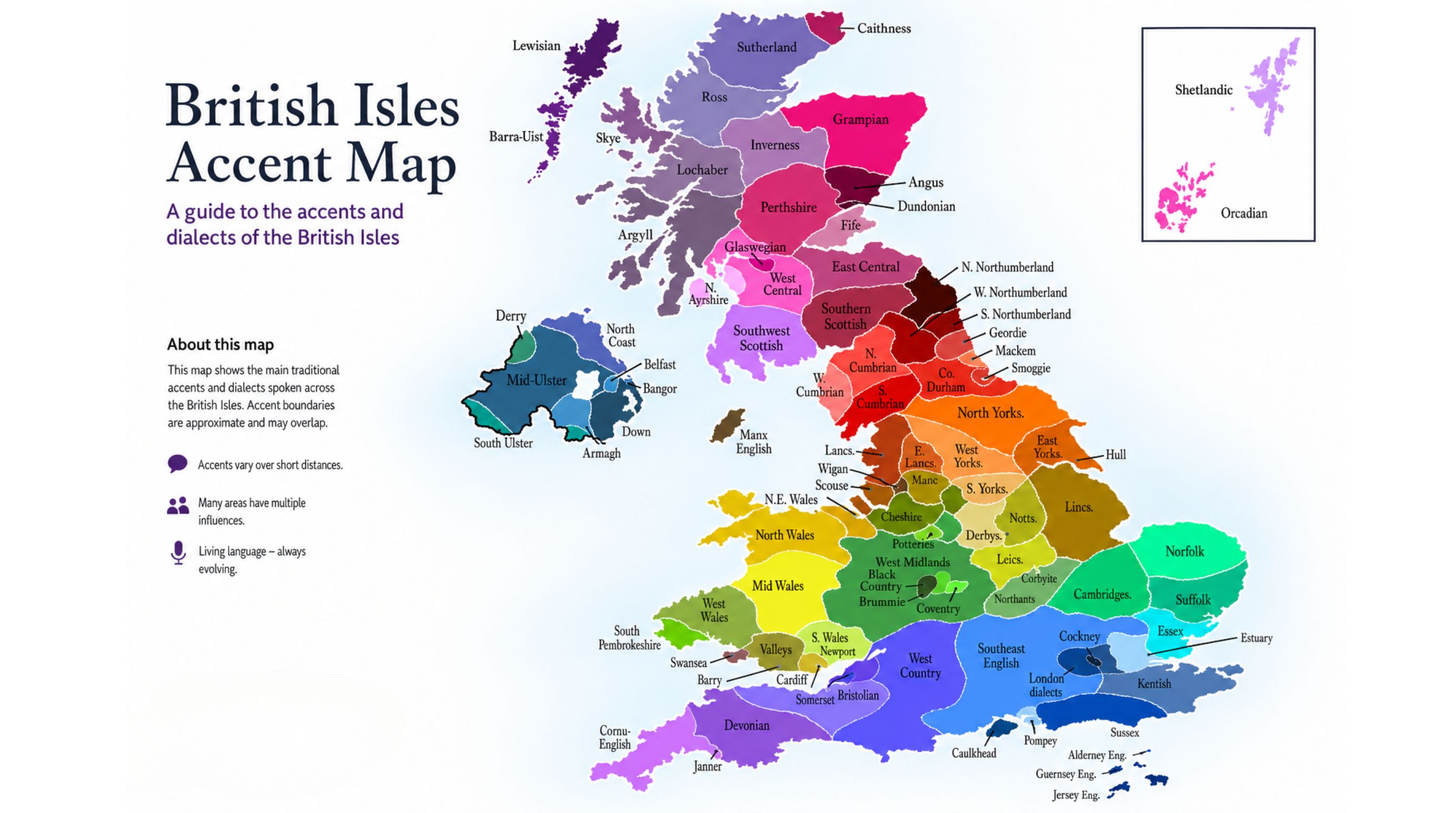 British Isles accent map showing major accent regions across England, Scotland, Wales, Northern Ireland, and Ireland